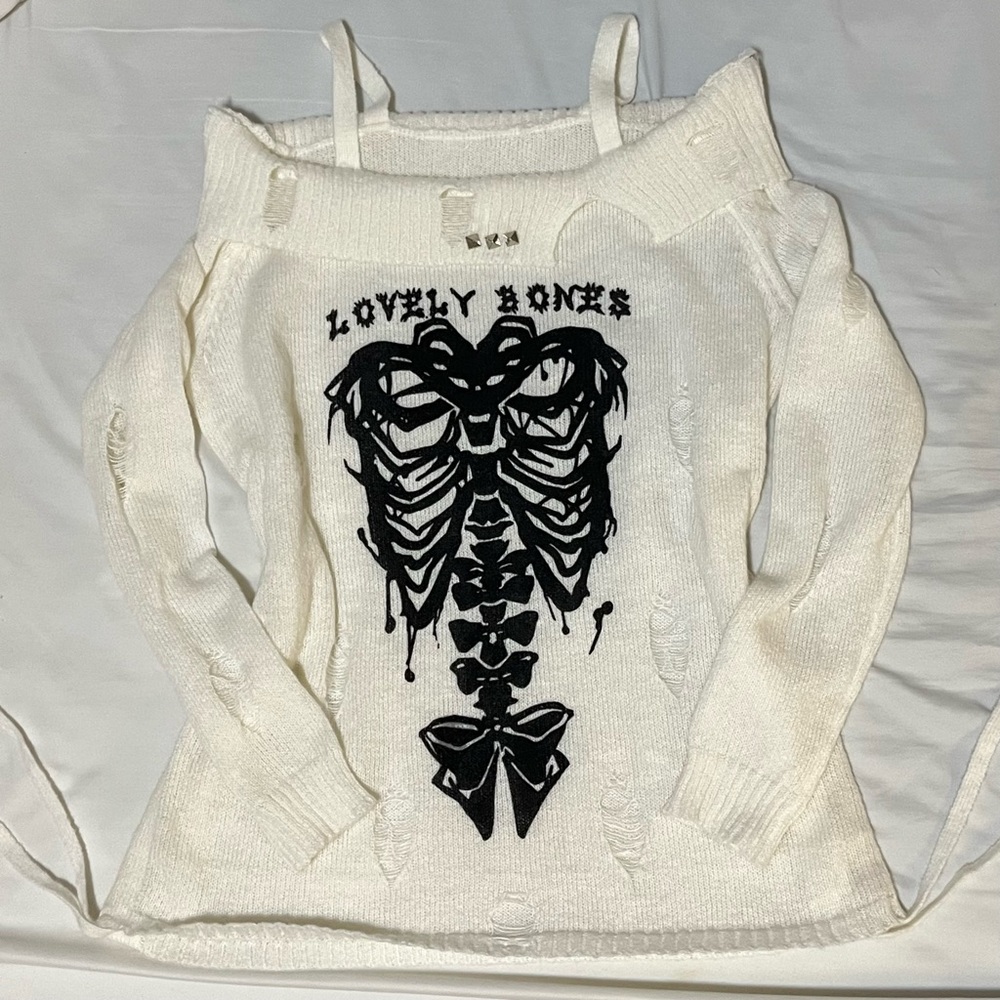 White Graphic Skeleton Lovely Bones Distressed Emo Punk Grunge Sweater Harajuku